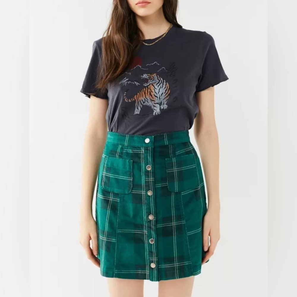 Urban Outfitters Plaid Button Front Mini Skirt. Green.